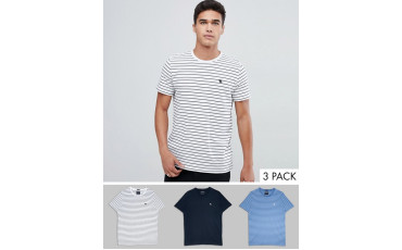 3 pack crew neck stripe t-shirt slim fit moose logo in white/navy & blue